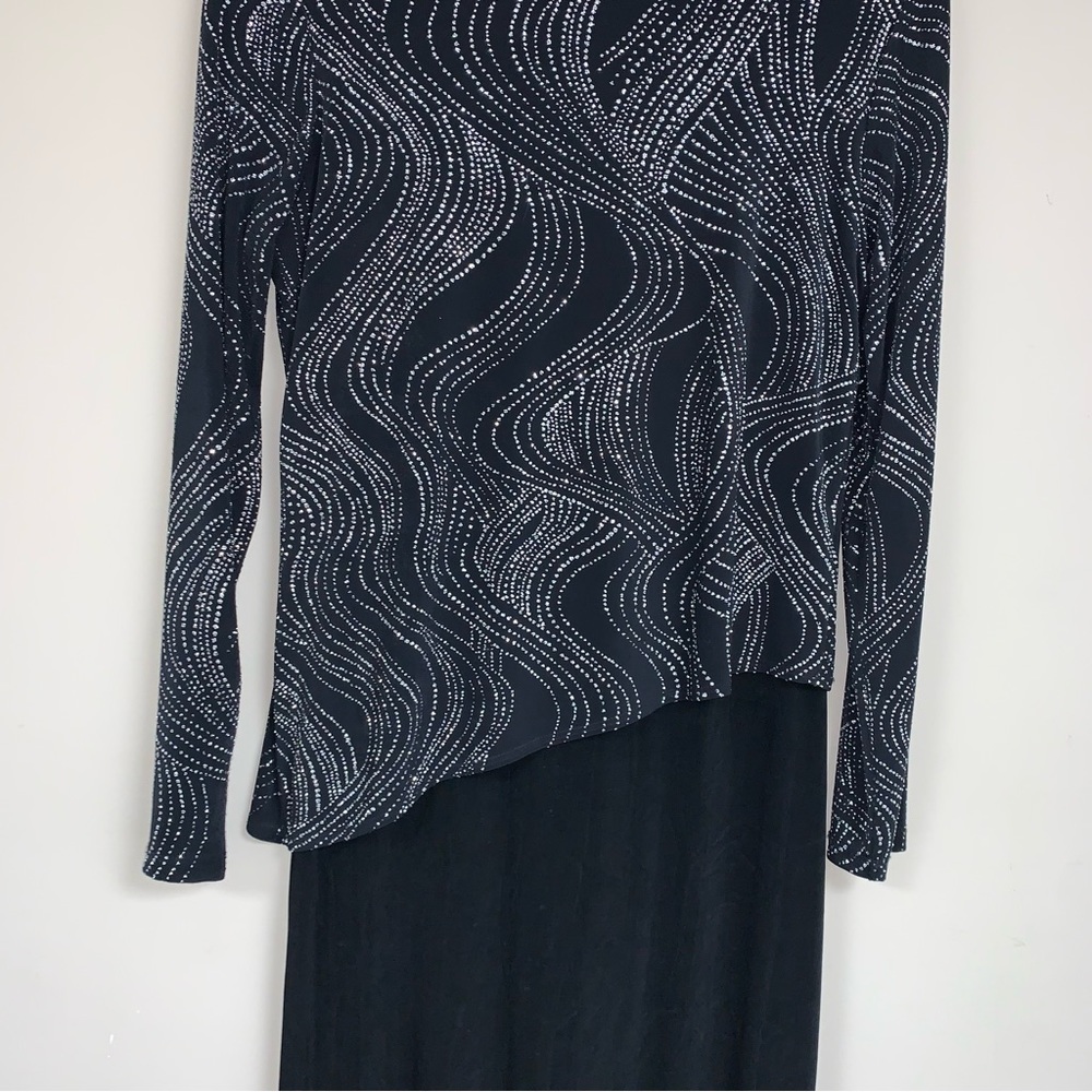 Black Silver Glitter Formal Gown Woman’s 6 Long Sleeve Dress Mother Bride Party - Picture 4 of 9